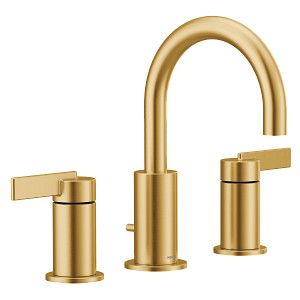 two handle bathroom faucet with brass finish and matching handles, both side - by - side