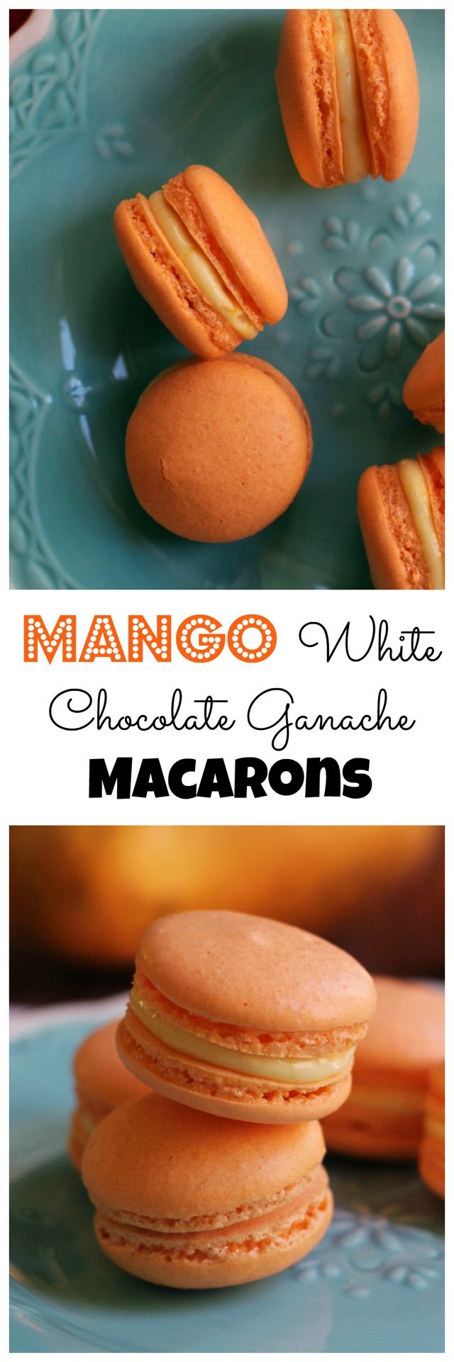 macarons are stacked on top of each other with the words mango white chocolate ganache