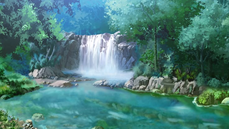 a painting of a waterfall in the woods