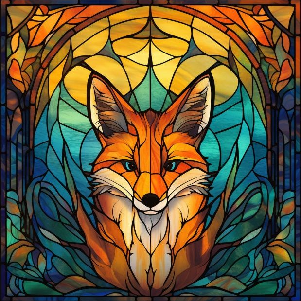 a stained glass window with a fox on it