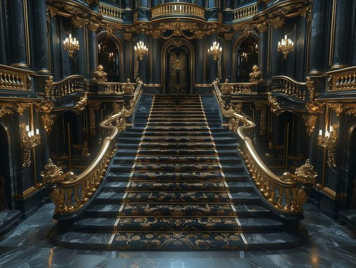 an elaborately decorated staircase with chandeliers in a palace like setting, 3d digitally rendering