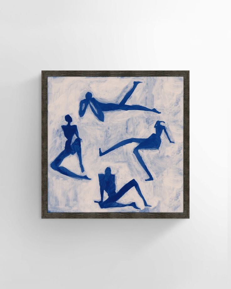 a painting hanging on the wall in a room with white walls and blue silhouettes