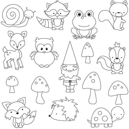 a set of cartoon animals and mushrooms for coloring book pages or page designs stock photo - budget cut outs