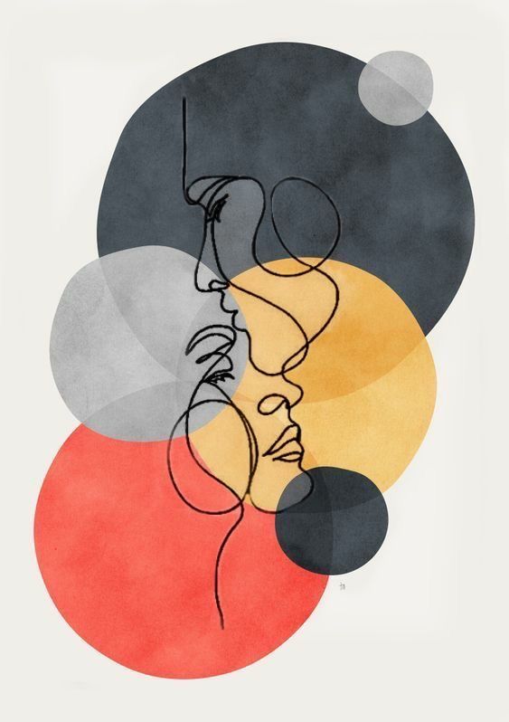 an abstract drawing of a woman's face with circles around her