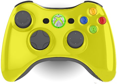 a close up of a yellow controller on a white background