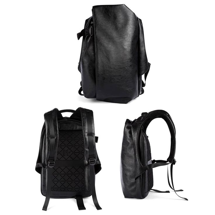 three different views of a black leather backpack