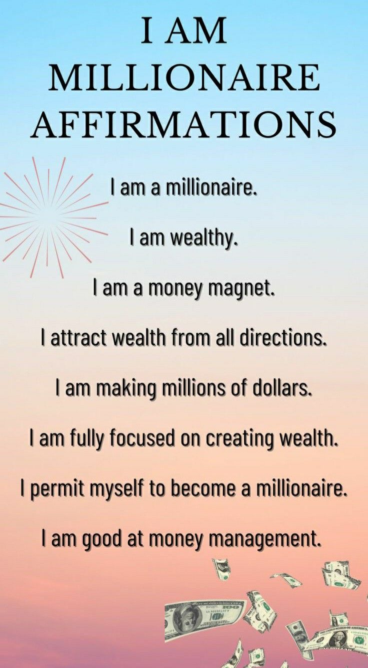 a poster with money falling out of it and the words i am millionaire affirmations