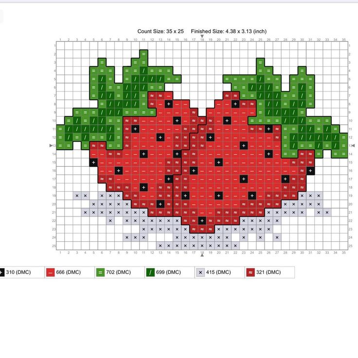 a cross - stitch pattern of a strawberry with green leaves on the top and bottom