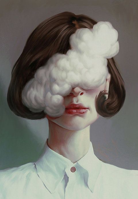 a painting of a woman with clouds on her head