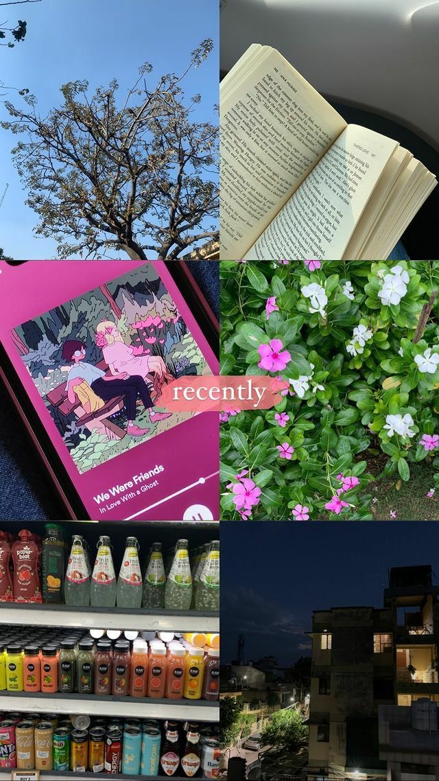 there is a collage of pictures with books and flowers in the foreground, an open book sitting on top of a shelf