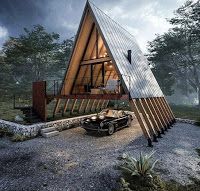 a car is parked in front of a triangular shaped house that has been built into the ground