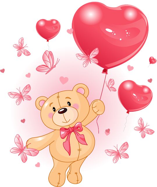 a teddy bear holding onto some heart shaped balloons