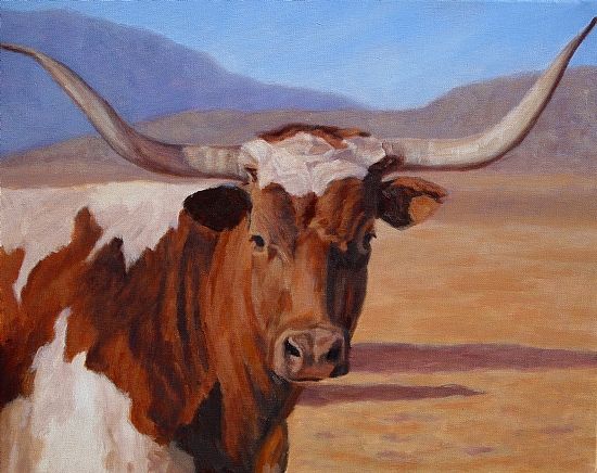 an oil painting of a longhorn steer in the desert