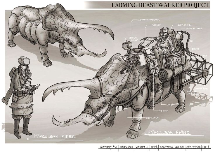 an image of the concept art for faring best walker project, including rhinoceros