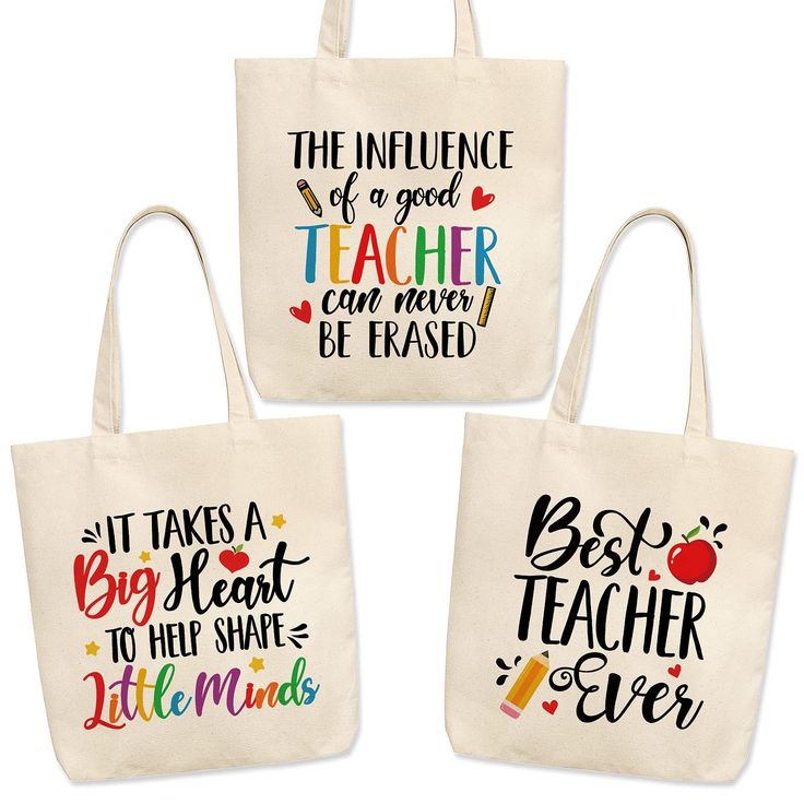 three tote bags with the words best teacher ever written in different colors on them