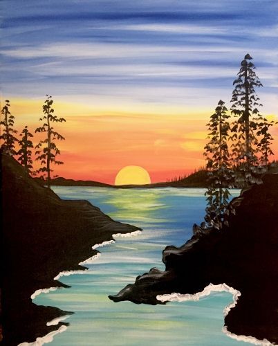 a painting of a sunset over the ocean with trees on the shore and water in the foreground