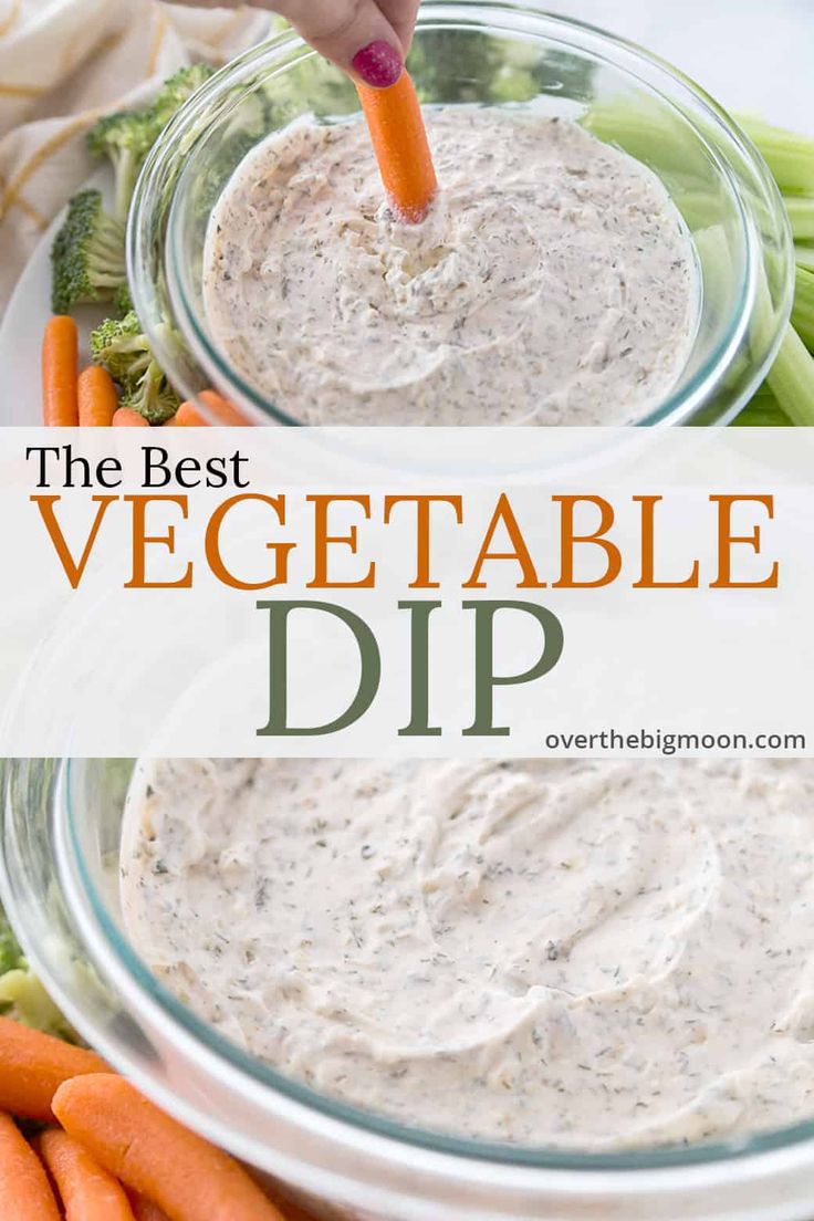 the best veggie dip in a glass bowl with carrots and celery