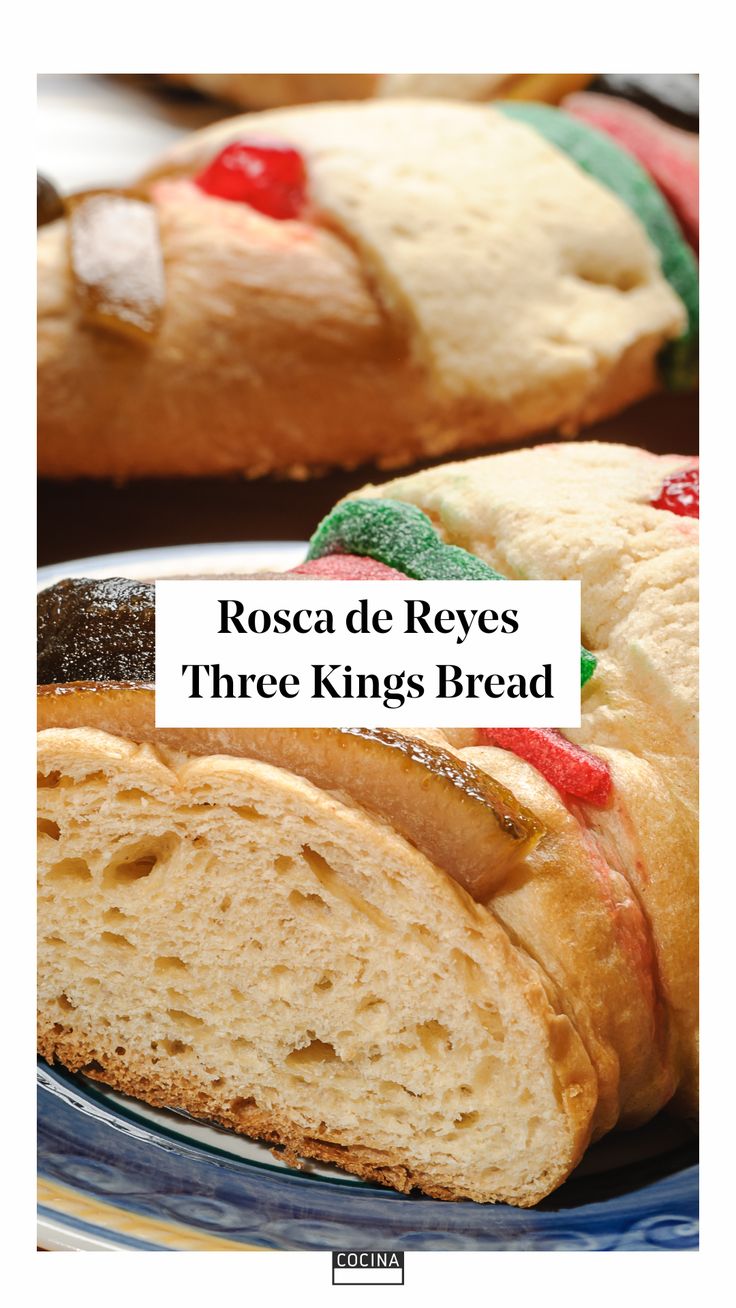 two pieces of bread with the words rose de reves three kings bread on it