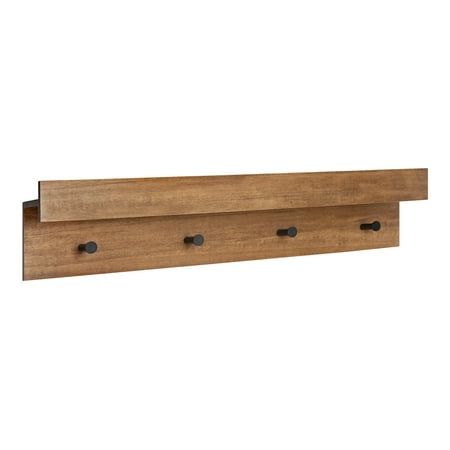 a wooden shelf with three hooks on the front and two small holes in the back