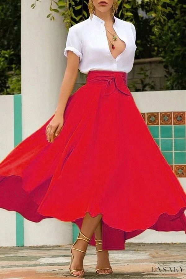 Lasaky - Solid Color A-Line Waist Belt Midi Skirt Belted Midi Skirt, Maxi Dress Collection, Chic Maxi Dresses, Long Red Dress, Red Skirt, Half Skirt, Skirt Long, Tshirt Skirt, Skirts With Pockets