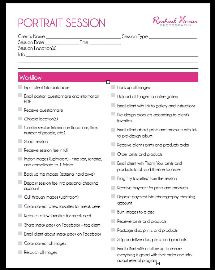 a printable portrait session checklist with the words portraits in pink and black on it