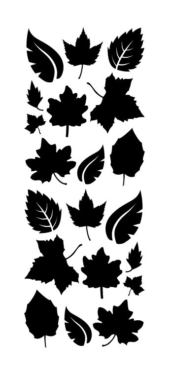 black and white silhouettes of leaves on a white background, each with different shapes