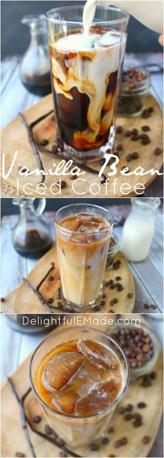 two glasses filled with iced coffee on top of a table