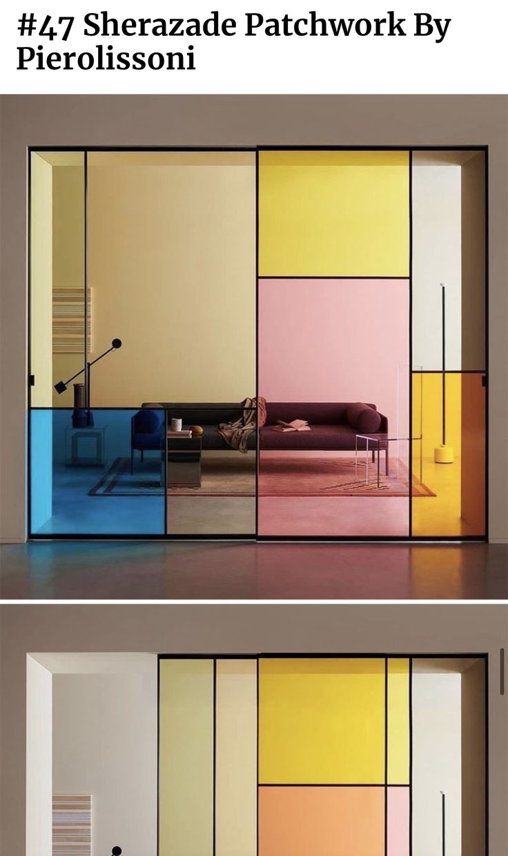 an image of a living room with multicolored glass panels on the walls and floor