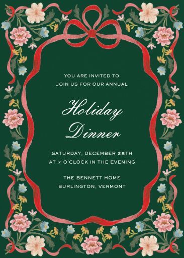 a holiday dinner party with flowers and ribbon