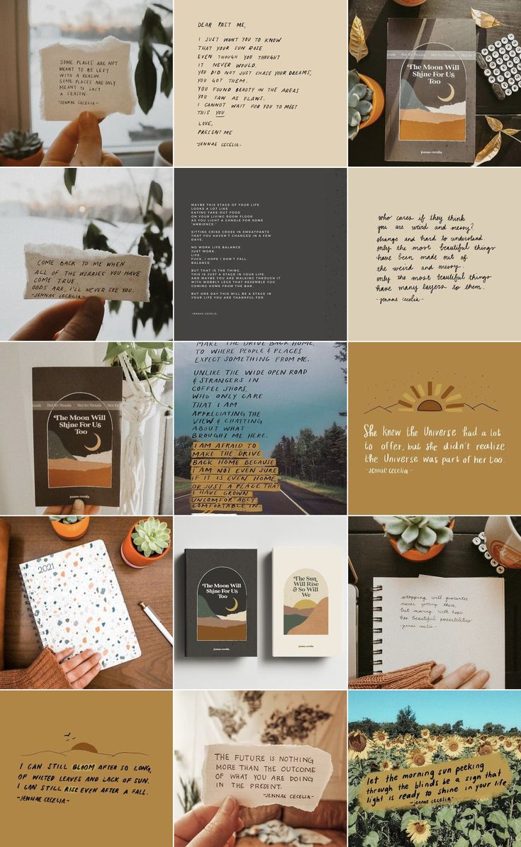 the collage shows different types of cards and envelopes, with text on them