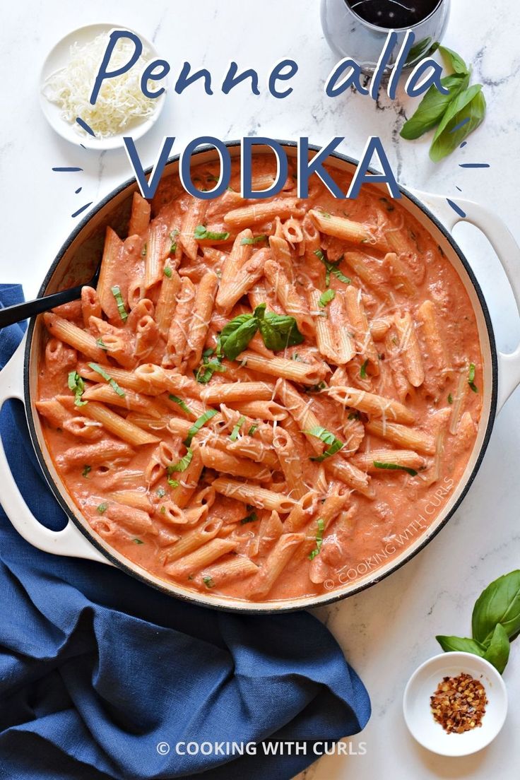 penne alla vodka in a pan on a table