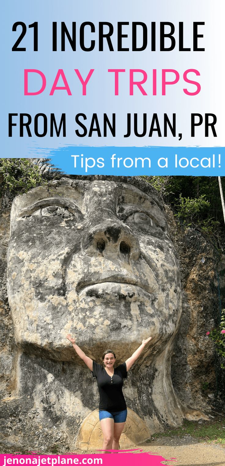 a woman standing in front of a large statue with her arms up and the words 21 incredible day trips from san juan, pr tips from a local