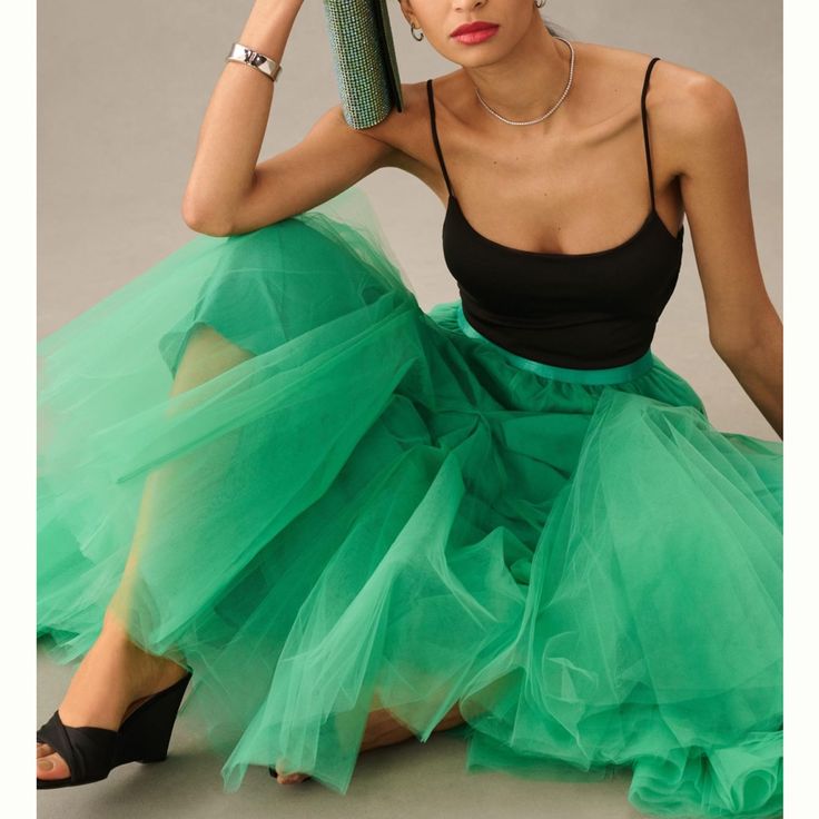 Beautiful Tulle Mermaid Green Skirt From Hutch, Anthropologie. Sold Out In Stores. New With Tags. Hutch In 2010, New Yorker Daniel Saponaro Launched Hutch, A Contemporary Womenswear Brand Recognized For Garments That Are Equally Easy And Luxe. Emphasizing Timeless Sophistication Over Trend, The Label's Defined Aesthetic Showcases Saponaro's Love Of Vibrant Colors, Conceptual Prints, And Feminine Tailoring In Every Made-For-You Piece. Nylon; Polyester Lining Pull-On Styling Dry Clean Imported Dim Chic Evening Maxi Skirt With Tulle, Chic Evening Maxi Tulle Skirt, Evening Tulle Flared Skirt, Tulle Maxi Skirt For Party, Elegant Skirted Tulle Bottoms, Elegant Midi Tulle Skirt, Elegant Tulle Midi Skirt, Evening Tulle Long Skirt, Evening Long Tulle Skirt