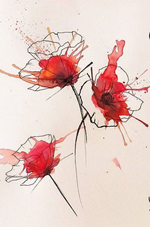 three red flowers with watercolor splashes on them