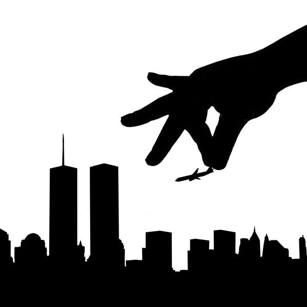 a black and white silhouette of a hand reaching for a bird in front of a cityscape