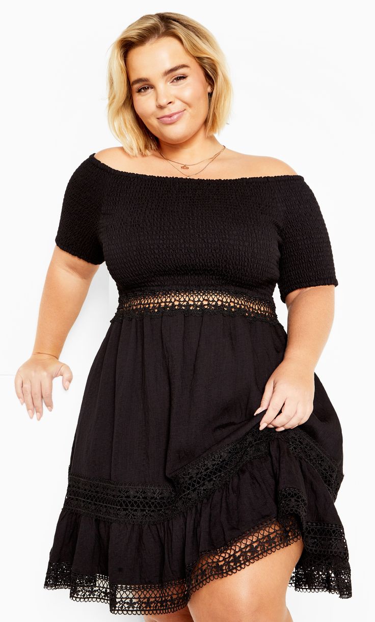 Dress your curves in chic style with the Aura Dress, finished in a timeless black. Shop women's plus size fashion online at City Chic. Plus Size Models, Lingerie Dress, Date Night Dresses, Crochet Details, Fit N Flare Dress, City Chic, Plus Size Dress, Workwear Dress, Denim Fashion