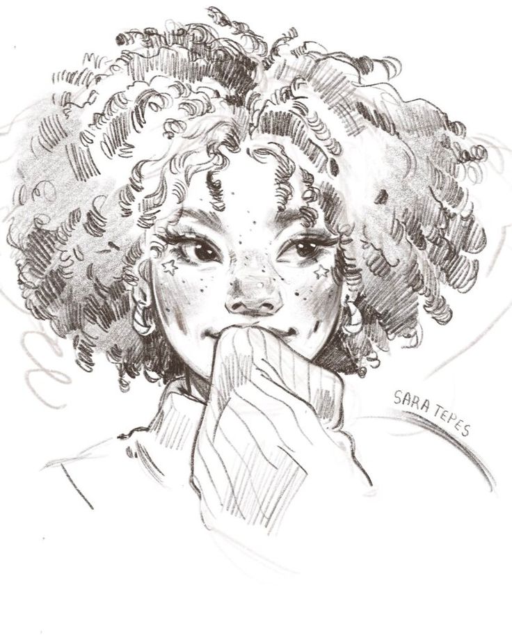 a black and white drawing of a woman with curly hair holding her hand to her mouth