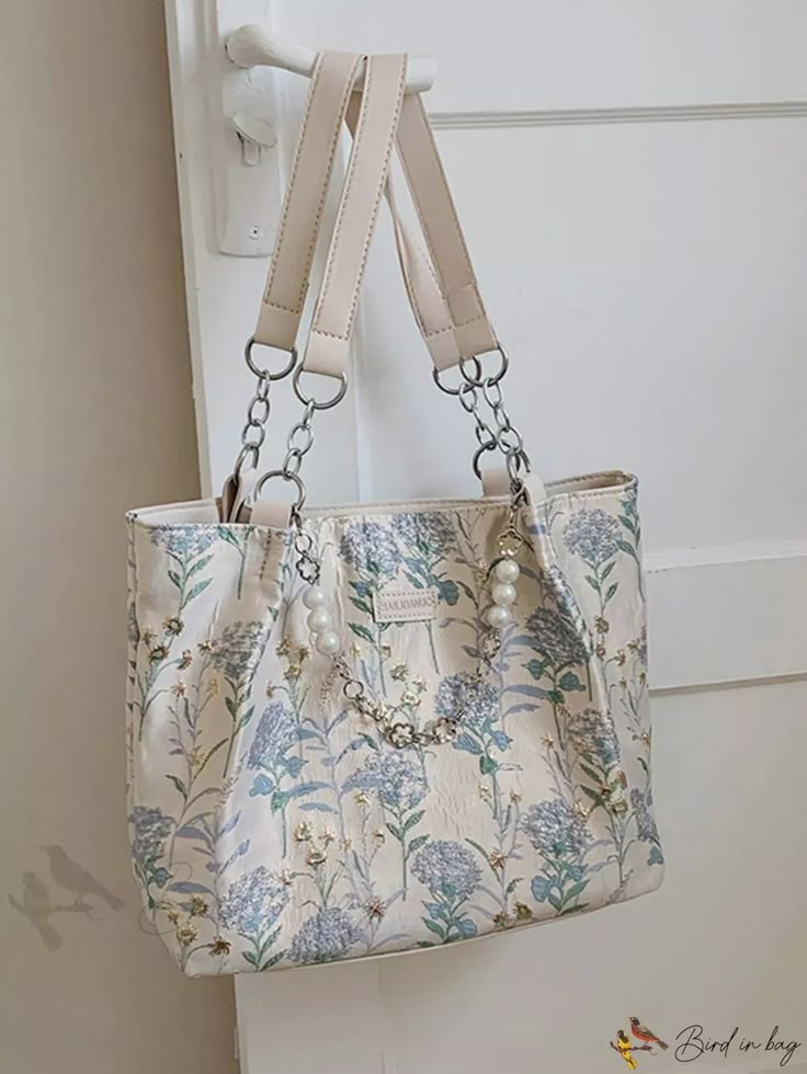 Bird in Bag – Floral Pattern Shoulder Tote Bag with Pearl and Chain Accents Best Shein Outfits, Big Bags For Women, Women Bags Fashion Handbags, Pretty Tote Bags, Big Purse, Cute Handbag, Big Tote Bags, Big Handbags, My Style Bags