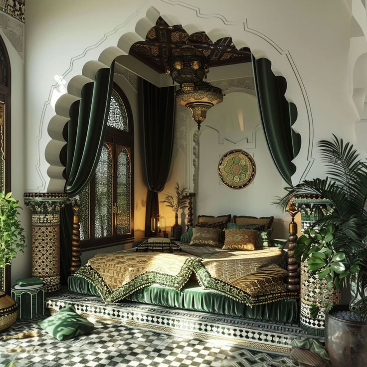 an ornate bedroom with green and gold decor on the walls, windows, and bed