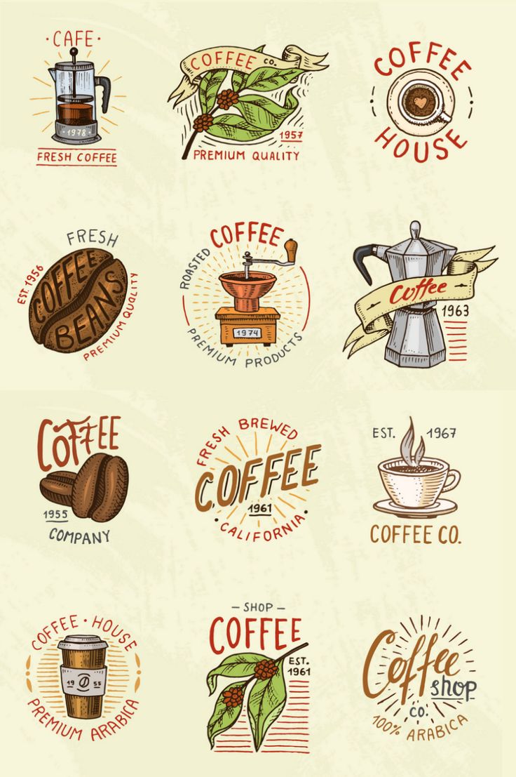 coffee shop logos and emblems with different types of coffee beans, espresso machines, and more