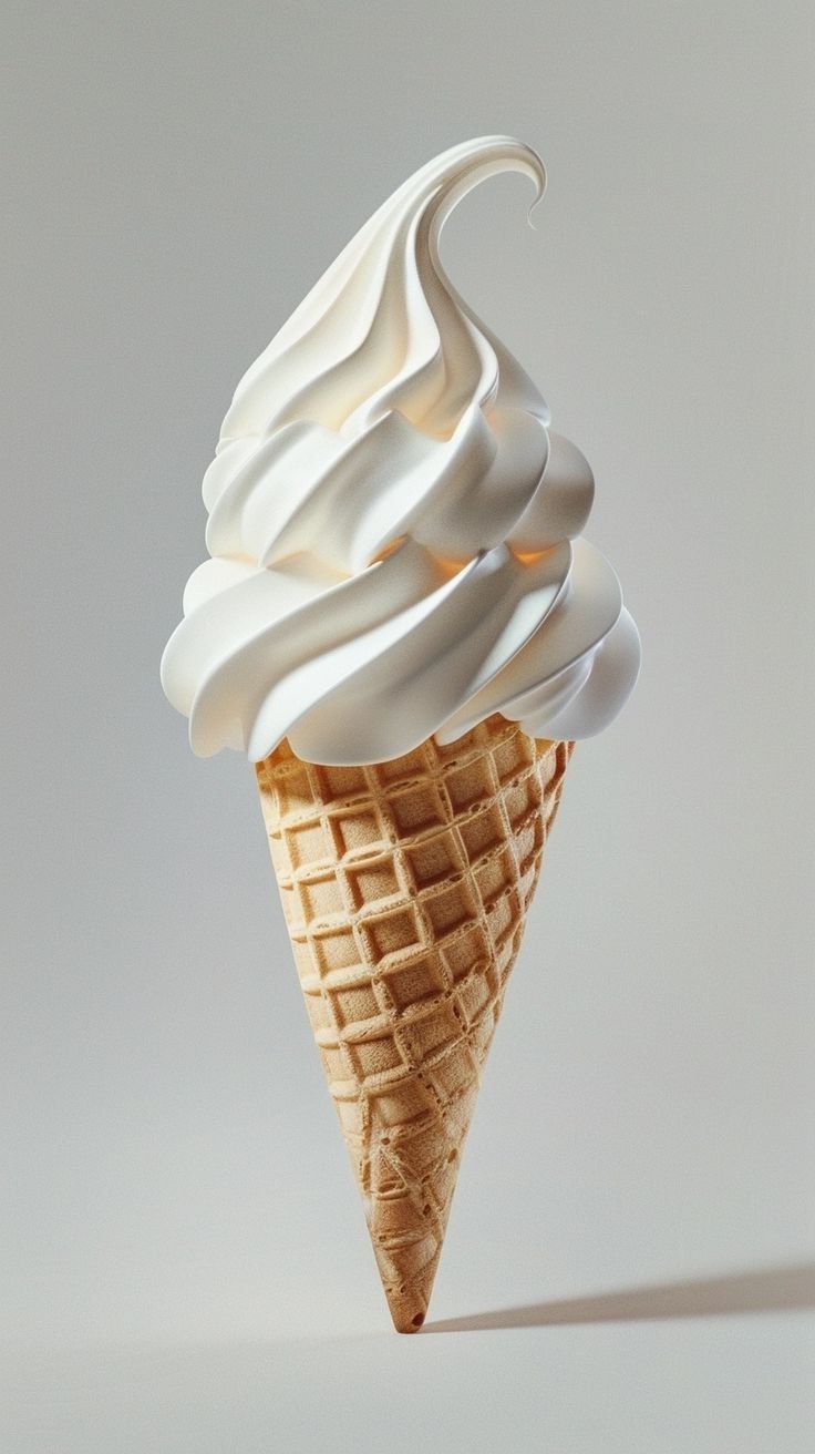 an ice cream cone with white icing on it's tip is shown in front of a gray background