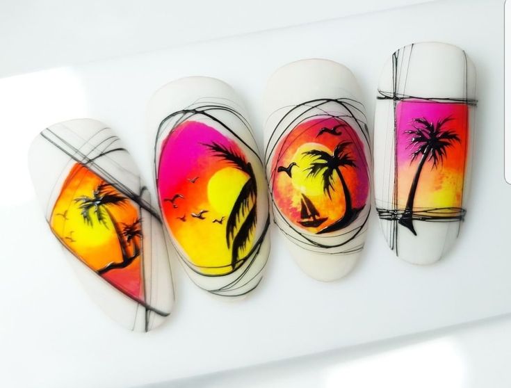 Vacation Nail Colors, Sea Nail Art, Palm Tree Nail Art, Vacation Nails Beach, Tree Nail Art, Neon Nail Art, Beach Nail Art, Palm Tree Nails, Tropical Nails