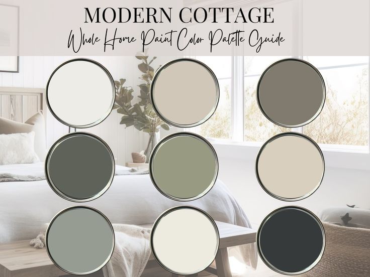 the modern cottage color scheme is shown in shades of gray, white and neutrals