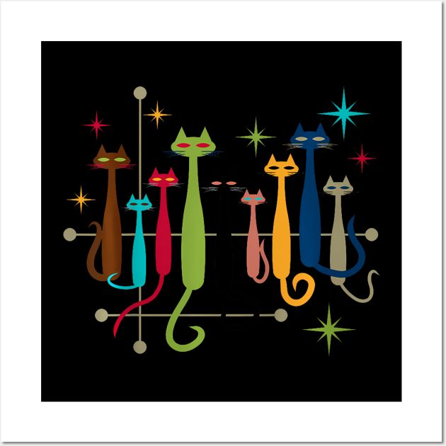 a black background with colorful cats and stars