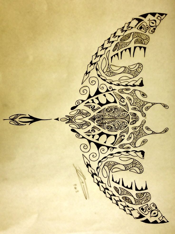 an ink drawing of a bird with intricate designs on it's wings and tail