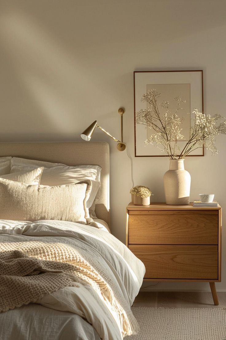 a bed with white sheets and pillows in a bedroom next to a nightstand with flowers on it