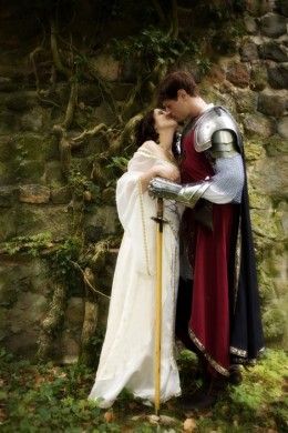 a man and woman dressed up as knights kissing each other with the words tell him he's your knight in shining armor