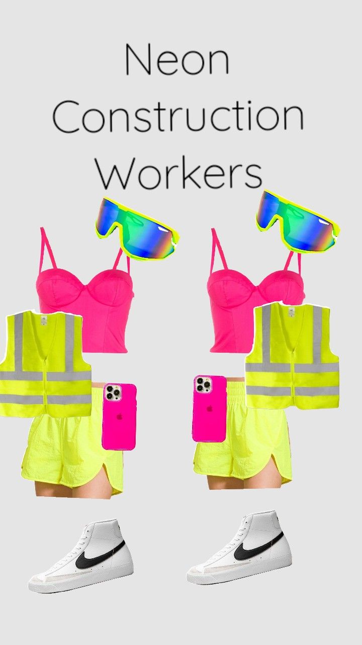 two women in neon outfits and sunglasses with the words neon construction workers