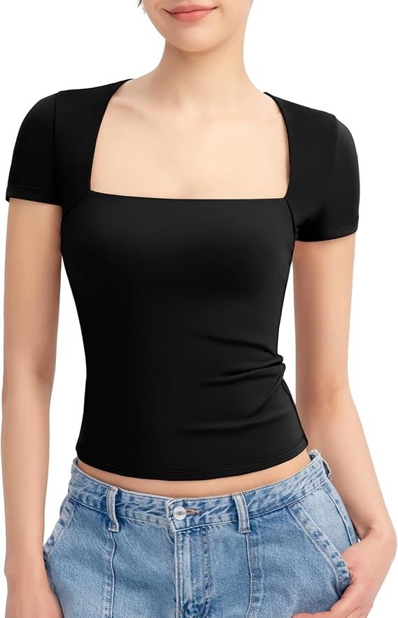 PUMIEY Short Sleeve T Shirts for Women Square Neck Top Sexy Going Out Tops Slim Fit Tee Shirt, Jet Black X-Large at Amazon Women’s Clothing store Square Neck Top, Going Out Tops, Slim Fit Shorts, Style Shirt, Black Blouse, Low Cut, Square Neck, Summer Women