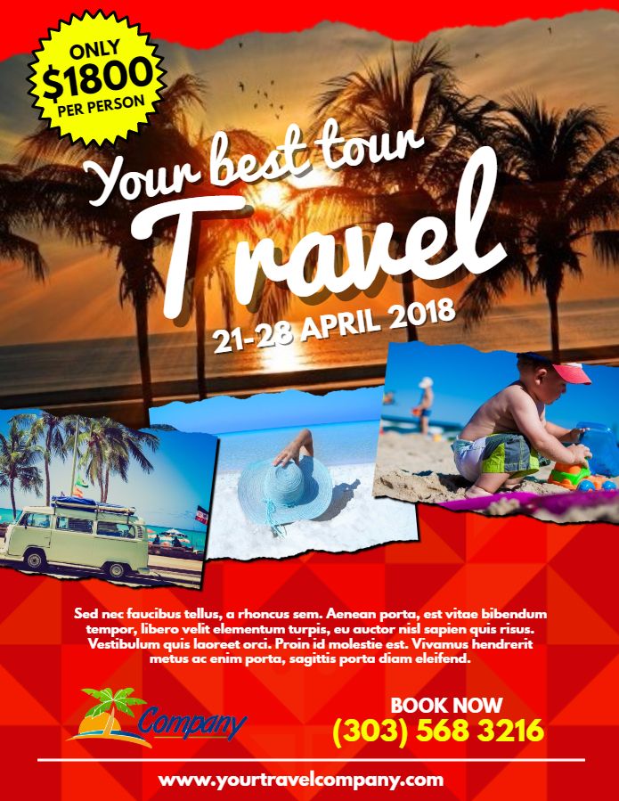 the flyer for your best tour travel with images of people on beach and palm trees